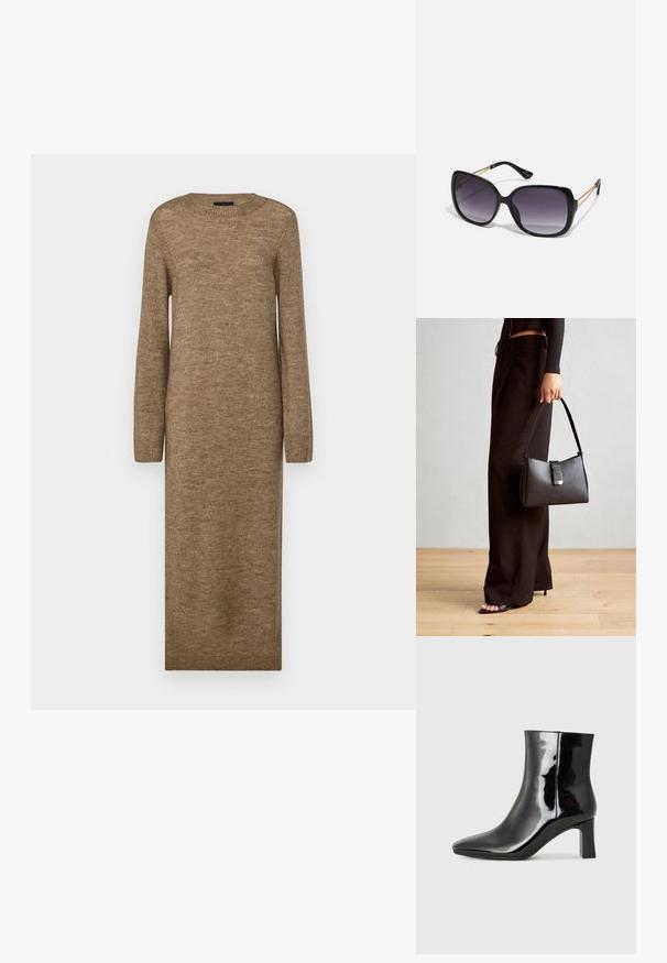 Hosszú, testhezálló barna ruha puha kötött anyagból, kerek nyakkivágással és hosszú ujjakkal, bordázott részletekkel az ujjak végén és az alján.; Fekete lakk bőrcipő bokáig érő, hegyes orral és közepes magasságú tömbsarokkal. Simább textúrával és minimalista dizájnnal rendelkezik.; Fekete, oversize napszemüveg fokozatos árnyalatú lencsékkel, vastag kerettel és arany színű lánc díszítéssel a szárakon.; Fekete kézi táska strukturált formával, sima textúrával és fémből készült záródással. Széles fekete nadrággal és nyitott orrú szandállal párosítva, fából készült padlón.