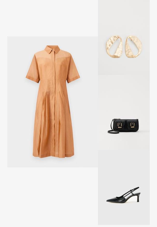 Šviesiai rudas trumpomis rankovėmis midi suknelė su apykakle, paslėptais priekiniais mygtukais, prigludusia juosmens linija ir klostuota sijonu.; Juodai lakuoti slingback aukštakulniai su smailiu nosiu, su tekstūruotu gyvatės raštu, reguliuojama juosta ir trumpu, tekstūruotu blokiniu kulnu.; Juodas odinis per petį nešiojamas krepšys su dviem priekiniais kišenėmis, auksiniais sagtimis, užtrauktuko uždarymu ir siauromis petnešomis. Textūruota paviršius ir kompaktiškas stačiakampis formatas.; Nedidelis nereguliarus ovalo formos aukso tono metalinių auskarų pora su tekstūruota, šiek tiek kalta paviršiumi ant balto fono.