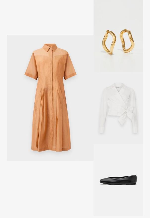 Jasnobrązowa midi sukienka z krótkim rękawem i kołnierzykiem, z ukrytymi guzikami z przodu, dopasowanym stanem i plisowanym dołem.; Biała bluzka o luźnym kroju z długimi rękawami, kołnierzykiem i detalem związania z przodu. Wykonana z gładkiego materiału o lekko usztywnionej strukturze.; Paul Smith TOPANGA czarny; Złote kolczyki w kształcie obręczy o zakrzywionym, nieregularnym kształcie oraz gładkiej, wypolerowanej powierzchni. Brak widocznych elementów sprzętowych lub akcentów.