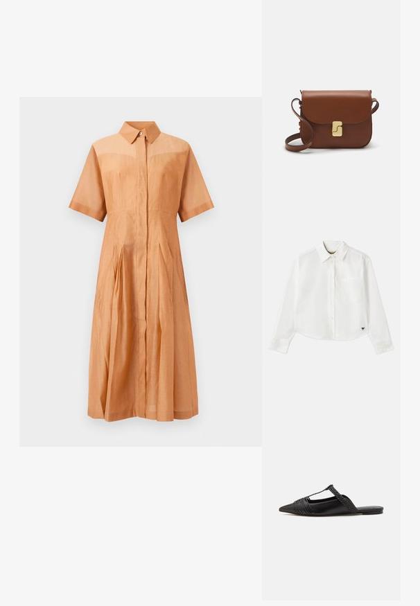 Vestido midi de manga curta cor castanha clara, com colarinho, botões frontais ocultos, cintura ajustada e saia plissada.; Camisa branca de manga longa cropped em algodão. Apresenta fecho com botões na frente, um bolso no peito e um pequeno logotipo preto no canto inferior esquerdo.; Sapatilha slingback em couro preto com bico pontudo, apresentando um detalhe trançado e um design superior plissado. Sola plana com hardware mínimo.; Bolsa de couro castanho com fecho de aba, decoração em tom dourado, alça de ombro e textura suave. Formato retangular compacto.