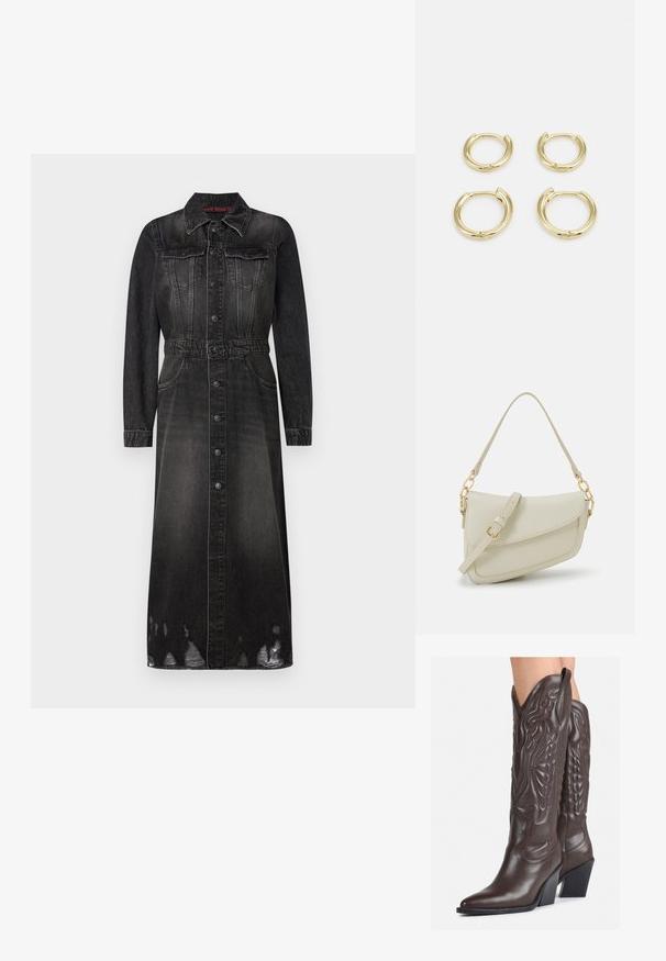 Svart denimklänning med långa ärmar, knappstängning fram och bälte i midjan. Har två bröstfickor och blekt fålldetalj.; Bruna lädercowboystövlar med spetsig tå och klossklack, med detaljerad sömnad och upphöjda accenter på skaftet.; Liten gräddfärgad handväska med en strukturerad finish, en lång justerbar rem, en kedjedetalj och en klaffstängning. Guldfärgad hårdvara.; Guldörhängen, fyra stycken, slät finish, rundad design, varierande storlekar, med en gångjärns-lås för enkelt användande.
