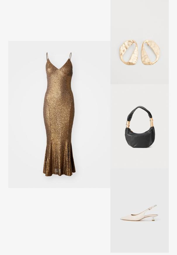 Zlatna haljina s rhinestonesima koja ima uski kroj, naramenice i raskošni rub. Teksturna površina odražava svjetlost, čime se pojačava sjaj.; Cipele u boji kreme s uskim vrhom i niskom kitten petom, sa zlatnom kopčom na jednostavnoj bijeloj pozadini.; Crna kožna torba s okruglim oblikom, mekim teksturom i čvorastom ručkom s zlatnim metalnim detaljima. Zatvaranje na patentni zatvarač.; Par zlatnih metalnih naušnica nepravilnog ovalnog oblika s teksturiranom, blago kovanom površinom na bijeloj pozadini.