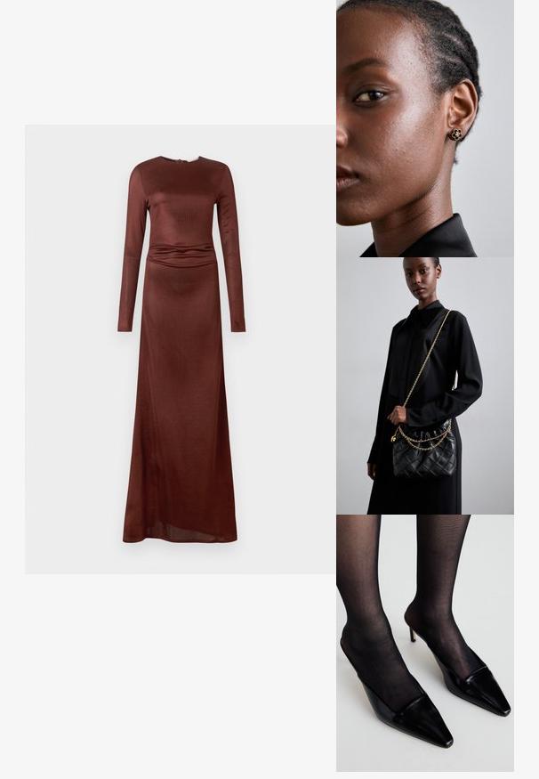 Dlouhý rukáv, šaty až na zem v tmavě hnědé barvě, s hladkou texturou a nařasením v pase, kulatým výstřihem a zapínáním na zadní části.; Černé patentní muly s špičatou špičkou a nízkým výstřihem. Vybavené tenkým podpatkem a spárované s černými jemnými punčochami.; Černá prošívaná kožená kabelka s staženým vrchem, zlatým řetízkovým popruhem a obdélníkovým tvarem, držena před jednoduše pozadím.; Zlaté květinové náušnice mají texturované černé střed a jemné detaily. Modelova jasná pleť a splétané vlasy jsou viditelné v profilu.