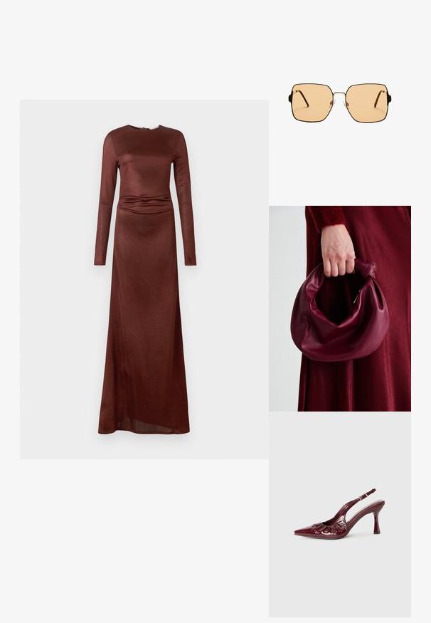 Dolga obleka z dolgimi rokavi, do tal, v temno rjavi barvi, z gladko teksturo in nabrano podrobnostjo na pasu, okroglo izrezom in zapiranjem na hrbtu.; Burgundske lakirane salonarji s peto, koničastim nosom in nagubanimi detajli, z ozko peto in nastavljivim gležnjevim pasom.; Kvadratne sončna očala z rjavimi lečami in tankim črnim kovinskim okvirjem. Imajo poševne ušesne dele in nastavljive nosne blazinice za udobje.; Bordo usnjeni ročni torbici s mehak, nabrana zasnova in okrogla oblika. Ročaj je varen in prikazuje gladko teksturo.