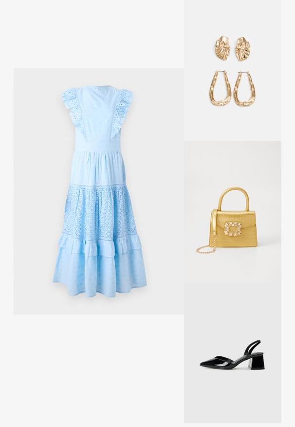 Vestido de algodão azul claro com mangas de babado, decote em V e padrões bordados. Saia em camadas com detalhe de volant na barra.; Sandy em verniz preto com salto slingback, ponta afilada e salto geométrico. Apresenta um design elegante e minimalista com textura suave.; Bolsa amarela em pele de crocodilo falsa, com um design estruturado, pega no topo, alça de corrente removível e decoração de cristal no fecho.; Brincos em tom de ouro com formas onduladas e texturizadas. Inclui studs escultóricos com presilha e um design de argola aberta com um acabamento martelado.