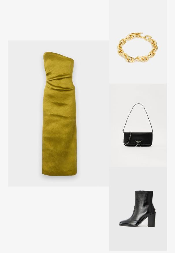 Robe sans bretelles, ajustée, de couleur jaune moutarde avec un tissu lisse et légèrement texturé. Présente un drapé subtil pour définir la forme.; Bottine en cuir noir, avec une texture lisse, un bout pointu et un talon chunky haut. Présente une ouverture sur le côté et un design minimaliste.; Sac à main en cuir noir avec une bandoulière en chaîne argentée, présentant des accents décoratifs en forme d'ailes et des coutures blanches le long de la couture inférieure.; Rabanne XL LINK NECKLACE - Collier - gold-coloured