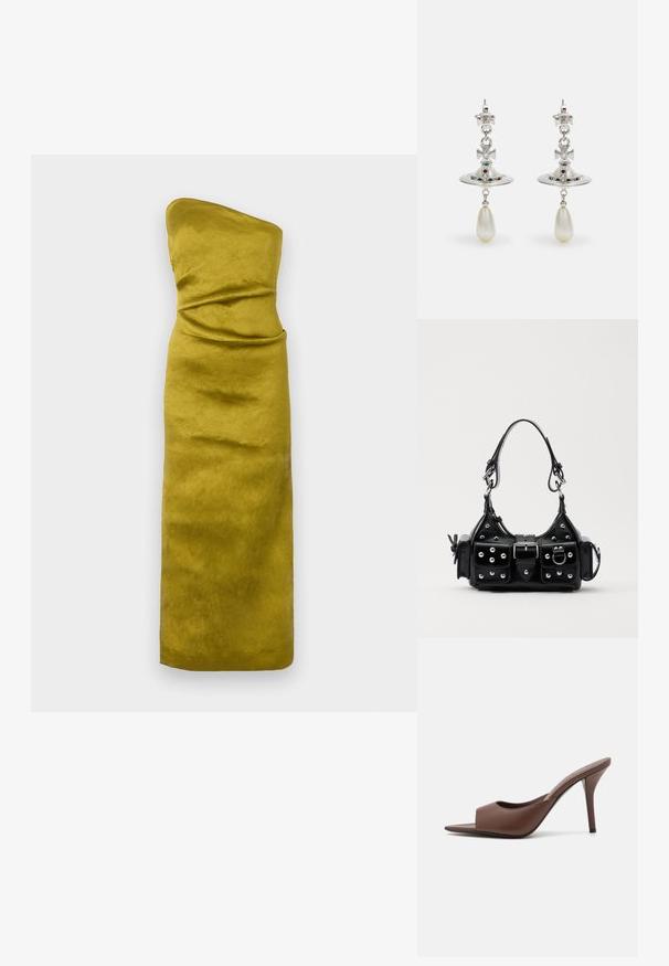 Bez piedurknēm, pieguļošs kleitas modelis mustarda dzeltenā krāsā ar gludu, nedaudz teksturētu audumu. Iekļauj smalkus drapējumus formas definēšanai.; Brūni ādas atvērtas pirksta augstpapēžu čības ar elegantu dizainu, kas iezīmējas ar plašu priekšējo siksniņu un slaidu stiletto papēdi.; Melnas ādas rokturmais ar izliekumu, ar sudraba iedurtiem, sprādzi un divām sānu kabatām. Regulējams siksniņas garums dažādām nēsāšanas iespējām.; Sudraba auskaru dizains ar apaļu gredzenu, rotātu ar mirdzošām akmeņiem un asarveida pērli. Izteiksmīgs dizains ar sarežģītām akcentiem.