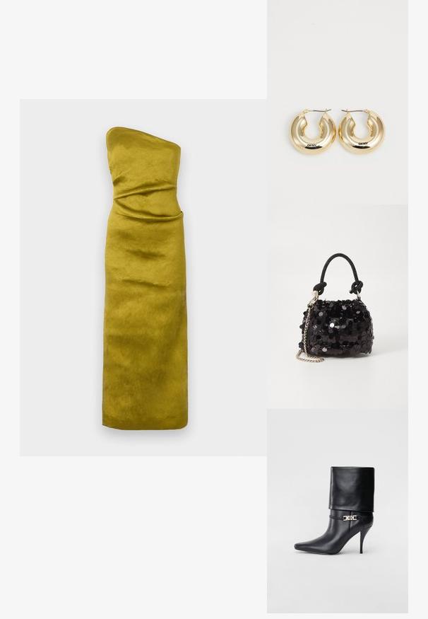 Strapless, fitted dress in mustard yellow with a smooth, slightly textured fabric. Features subtle draping for shape definition.; Black leather ankle boot with a pointed toe, high stiletto heel, fold-over cuff, and a gold decorative buckle detail on the ankle.; Black sequin mini handbag with a knotted textured strap and silver chain. Rounded shape with gathered top and reflective detailing.; Gold hoop earrings with a smooth, rounded design and a shiny finish, featuring a clasp for securing. Engraved with "DKNY."