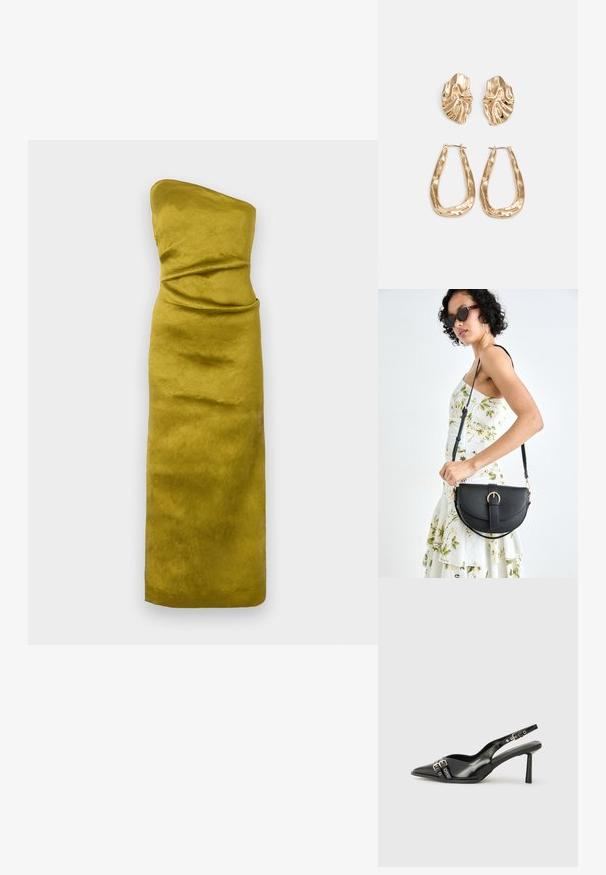 Ärmelloses, enges Kleid in Senfgelb mit einem glatten, leicht strukturierten Stoff. Verfügt über dezente Drapierungen zur Formdefinition.; Schwarzer Lackleder Slingback-Schuh mit spitzem Zehenbereich, Knöchelriemen mit silbernen Schnallen und Beschlägen sowie einem schlanken Absatz.; Schwarze Lederhandtasche mit geschwungener Form, abnehmbarem Tragegurt und goldenen Beschlägen. Die Tasche verfügt über einen Deckel mit einer Schnallen-Details.; Ohrringe in Goldoptik mit strukturierten, gewellten Formen. Beinhaltet skulpturale Clip-Ohrringe und ein offenes Hoop-Design mit gehämmertem Finish.