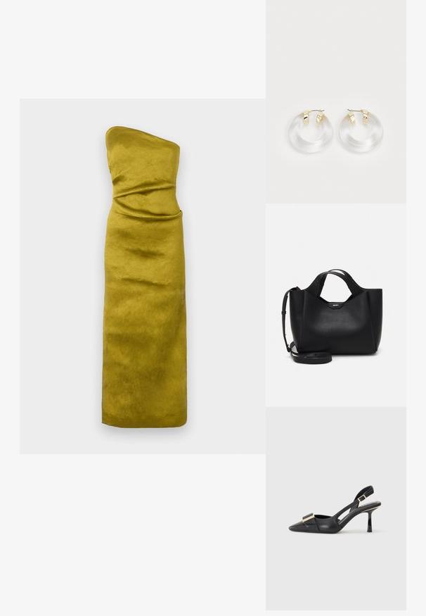 Ujj nélküli, testhez simuló ruházat mustár sárgában, sima, enyhén texturált anyagból. Finom redők jellemzik, amely formát ad neki.; Fekete bőr slingback cipő hegyes orral, karcsú sarkal és aranyszínű kiegészítővel a lábfej résznél. Simább szerkezet és letisztult dizájn.; Fekete bőrtáska texturált felülettel, szögletes formával, két füllel és állítható vállpánttal. DKNY logós díszítéssel rendelkezik.; Átlátszó akril fülbevalók arany tónusú fémszegélyekkel és fényes felülettel. Simább, kör alakú dizájnnal rendelkezik.