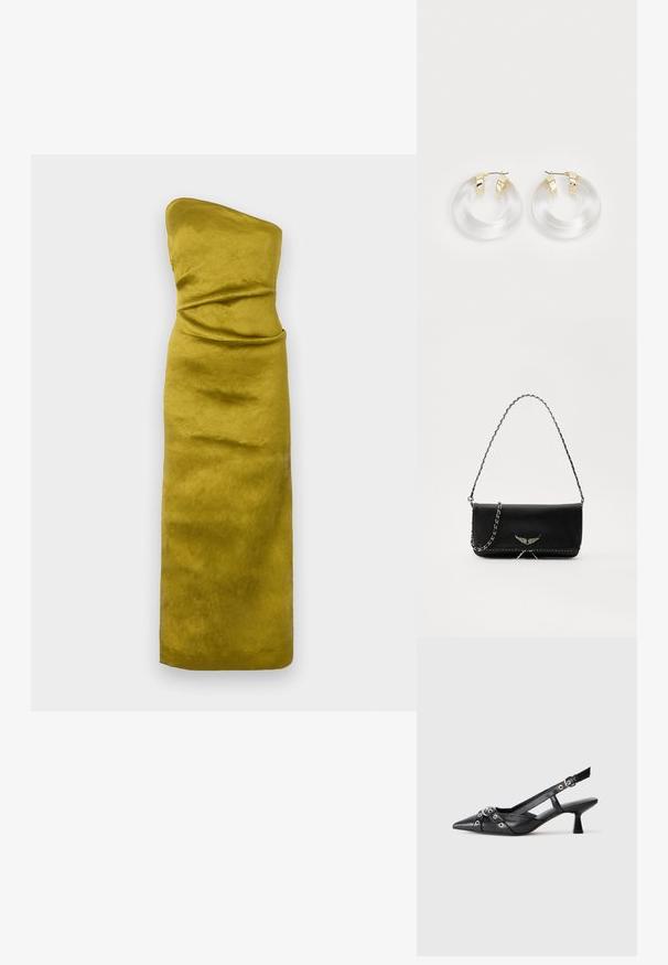 Brezramna, prilegajoča obleka v senčni rumeni barvi z gladkim, nekoliko teksturiranim materialom. Ima subtilno draperijo za določanje oblike.; Črne usnjene sandale središnje zaponke z ostro konico, okrasnimi trakovi z kovinskimi očesi in nizko blokasto peto. Teksturirana površina.; Črna usnjena torbica s srebrnim verižnim ročajem, ki ima okrasne krilate poudarke in belo šivanje ob spodnjem šivu.; Prozorne akrilne uhane v obliki obroča z zlatimi kovinskimi detajli in poliranim zaključkom. Imajo gladko, okroglo obliko.