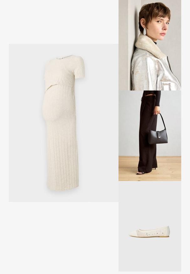 Majčna obleka v svetlo bež barvi z rebrasto teksturo. Ima krajši zgornji del in oprijet krilo, zasnovano za prenašanje rastočega trebuščka.; Pointe kratek v kremni usnjeni z transparentnim zgornjim delom, okrašenim s razpršenimi kamni. Mehak podplat za udobje, minimalističen dizajn.; Črna torbica z strukturirano obliko, gladko teksturo in kovinskim zaponko. Ujemajo se z širokimi črnimi hlačami in odprtimi sandali na lesenem tleh.; Srebrna metalik usnjena jakna s ovratnikom iz jagnječje kože, z zadrgo in strukturirano površino. Velike kapljaste uhane s prozornimi dragimi kamni.