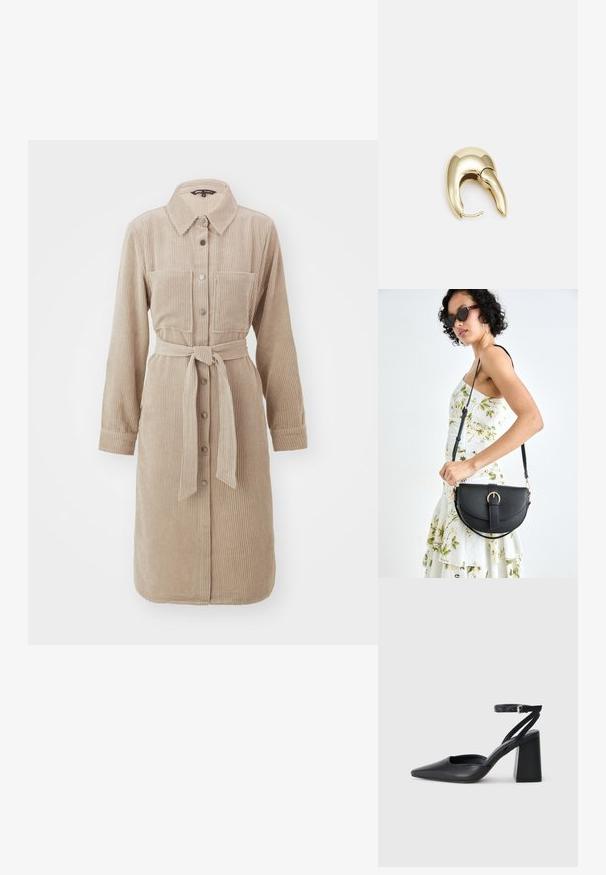 ONLY ONLMERLE DRESS - Skjortekjole - mocha meringue; Svart lær pumps med spiss tå, ankelrem og kraftig hæl. Flat tekstur, strømlinjeformet design og minimalisme.; Svart lærveske med en buet form, avtagbar stropp og gullbeslag. Vesken har et klaff med spenne-detall.; Gullfarget metalløredobber med et elegant, buet design. Har en karakteristisk spiss form, polert overflate og hengsel-lukking.