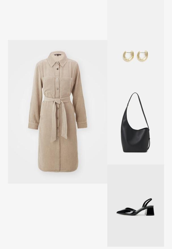 ONLY ONLMERLE DRESS - Srajčna obleka - mocha meringue; Črne lakirane slingback pete s koničastim nosom in geometrijsko blokasto peto. Imajo eleganten, minimalističen dizajn in gladko teksturo.; Črna usnjena hobo torba z gladko teksturo, ukrivljeno obliko in eno nastavljivo naramnico; ima širok odprtina na vrhu.; Zlato-tonirani uhani v obliki obroča z gladko, polirano površino. Imajo obliko polkroga in varno zaponko na peto.