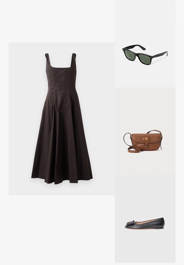 Smeđa haljina bez rukava s kvadratnim izrezom, uskim korzetom i lepršavom suknjom. Izrađena od strukturirane tkanine s čistim linijama i bez vidljivih uzoraka.; Crne kožne baletanke s kvadratnim uzorkom, okruglim vrhom i mašnom sprijeda. Glatka tekstura i niska peta.; Crne plastične sunčane naočale s zelenim staklima, kvadratni okviri, srebrni naglasak na obrvi i teksturirane ručke. Naziv brenda naveden na unutrašnjoj strani ručke.; Smeđi kožni torbica preko tijela s zakrivljenim preklopom, zlatnim hardverom i dekorativnim logotipom. Traka je podesiva i ima glatku teksturu.