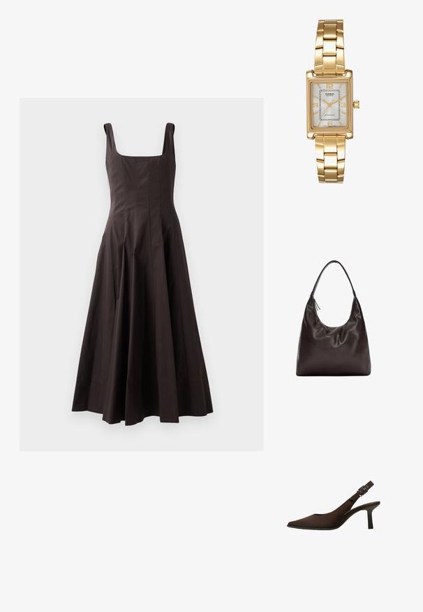 Barna ujjatlan ruha szögletes dekoltázzsal, testhez simuló felső résszel és bővülő szoknyával. Texturált anyagból készült, tiszta vonalakkal és látható minták nélkül.; Barna velúr slingback tűsarkú cipő, hegyes orral, elegáns kialakítással, vékony sarkával és csat kiegészítéssel a bokapánton.; Barna bőr válltáska puha, lezser kialakítással. A táska széles pánttal és minimalista formával rendelkezik, amelyet finom textúra egészít ki.; Aranyszínű, téglalap alakú karóra fehér számlappal, ezüstszínű óránymarkerekkel és strapabíró fém láncszíjjal. Vízálló funkcióval rendelkezik.