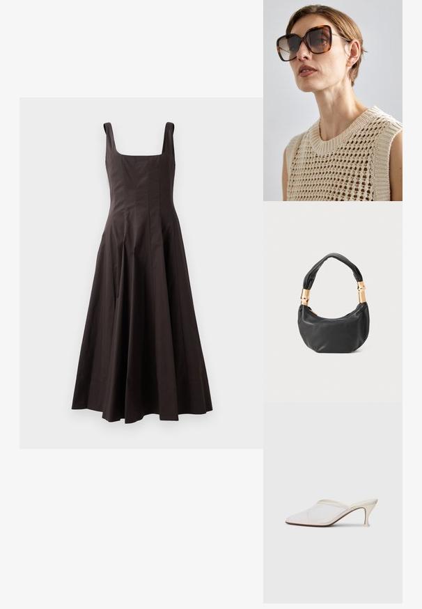 Braunes ärmelloses Kleid mit quadratischem Ausschnitt, tailliertem Oberteil und schwingendem Rock. Hergestellt aus strukturiertem Stoff mit klaren Linien und ohne sichtbare Muster.; Weiße Mesh-Pantoletten mit spitzer Zehenform, schlankem Mittelabsatz und Slip-On-Design vor einem schlichten Hintergrund.; CHLOÉ Sonnenbrille - brown; Schwarze Lederhandtasche mit runder Form, weicher Textur und einem geknoteten Griff mit goldfarbenen Hardware-Akzenten. Reißverschlussverschluss.