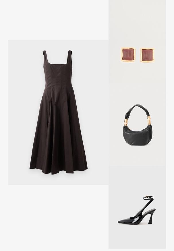 Brūna bez piedurknēm kleita ar kvadrātveida dekoltē, pieguļošu augšdaļu un izplestu svārku. Izgatavota no teksturēta auduma ar skaidrām līnijām un bez redzamām desena.; Melnas patentā ādas augstpapēžu kurpes ar norādītu purngalu, regulējamu potītes siksniņu un mērenu bloku papēdi. Gluda tekstūra ar spīdīgu apdari.; Melnas ādas rokassoma ar apaļu formu, mīkstu tekstūru un mezgla rokturi, kas rotāts ar zelta tonētiem aksesuāriem. Ar rāvējslēdzēja aizdari.; Kvadrātveida stud auskari ar dziļu burgundijas centru, ko ieskauj zeltainas teksturētas malas. Gluda virsma ar noapaļotām malām.