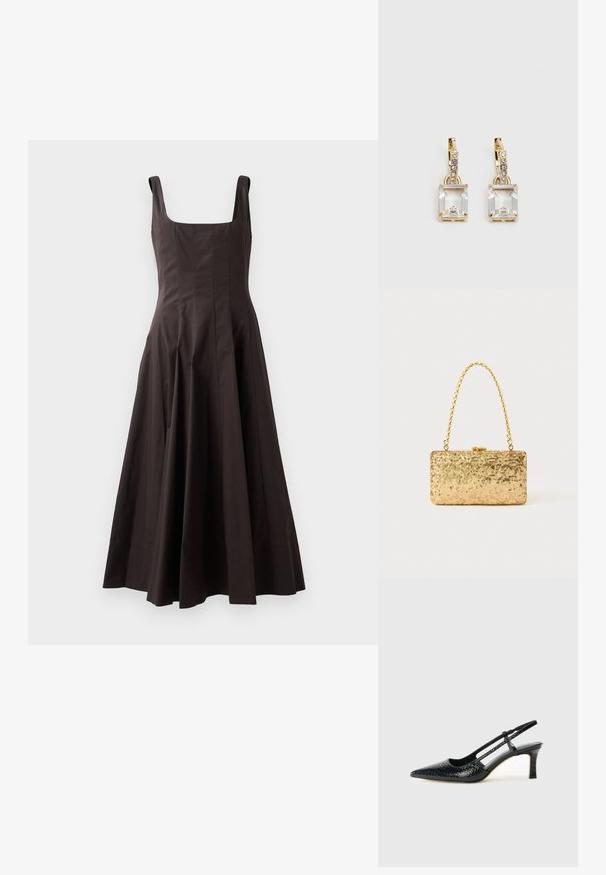 Rjava brezrokavna obleka s kvadratnim izrezom, prilegajočim bodijem in razširjenim krilom. Narejena iz teksturirane tkanine s čistimi črtami in brez vidnih vzorcev.; Črne lakaste slingback pete s koničastim nosom, ki imajo teksturiran vzorec kačje kože, nastavljiv trak in kratek teksturiran blok peto.; Zlata torbica s pomičnim šalom v pravokotni obliki, z zasukano verižico in kovinskim zapiranjem, ki odseva svetlobo z teksturirano površino.; Zlato obarvani uhani, ki vsebujejo pravokoten, prozoren kristal, obešen pod vrsto majhnih, okroglih prozornih dodatkov. Elegantna, moderna zasnova.