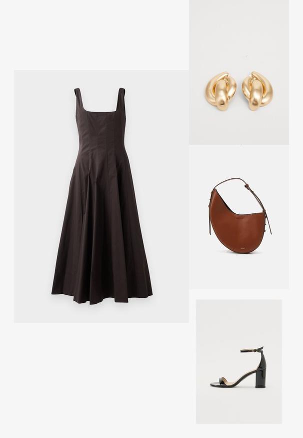 Ruskea hihaton mekko, jossa on neliönmuotoinen pääntie, istuva yläosa ja levenevä hame. Valmistettu tekstuuripinnoitteisesta kankaasta, jossa on siistit linjat ja ei näkyviä kuvioita.; Mustat patenttinahtiset sandaalit, joissa on leveä korko, avoin varvas ja nilkkahihna, jossa on kultainen solki. Suora pinta ja tyylikäs muotoilu.; Kahvan muotoon sahip, ince kahverengi kayışa ve hafif altın donanım detaylarına sahip kahverengi deri omuz çantası. Düzgün bir dokuya ve minimum dikişe sahiptir.; Korolliset kultasävytteiset korvakorut, joissa on kierretty muotoilu, sileä ja kiiltävä pinta sekä pyöreät muodot. Jokaisen koko on noin 5 senttimetriä.