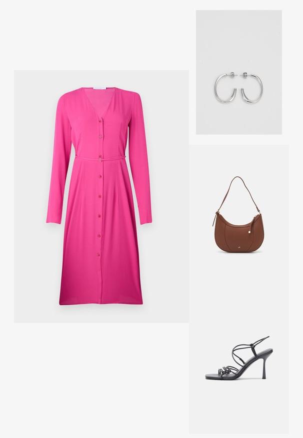 Pikkade varrukatega roosa kleit, mis on valmistatud siledast kangast. V-kaelus nupuvajutusega ees ja sobivast kangast vöö puusas.; Mustad musta värvi kontsandaalid on varustatud peente rihmadega, millel on sõlmekujundus, siledad ruudukujulised varbad ja stiilne stilettokonts.; Pruun faux nahast õlaline kott, millel on kaarjas kuju, minimaalne õmblemine ja kuldse tooni metallist aksessuaar. Omab ülemist tõmblukku ja reguleeritavat rihma.; Hõbedased rõngaskõrvarõngad, millel on sile ja läikiv pind. Ümar kuju, kerge disain, millel on post-tagumise kinnituse süsteem.