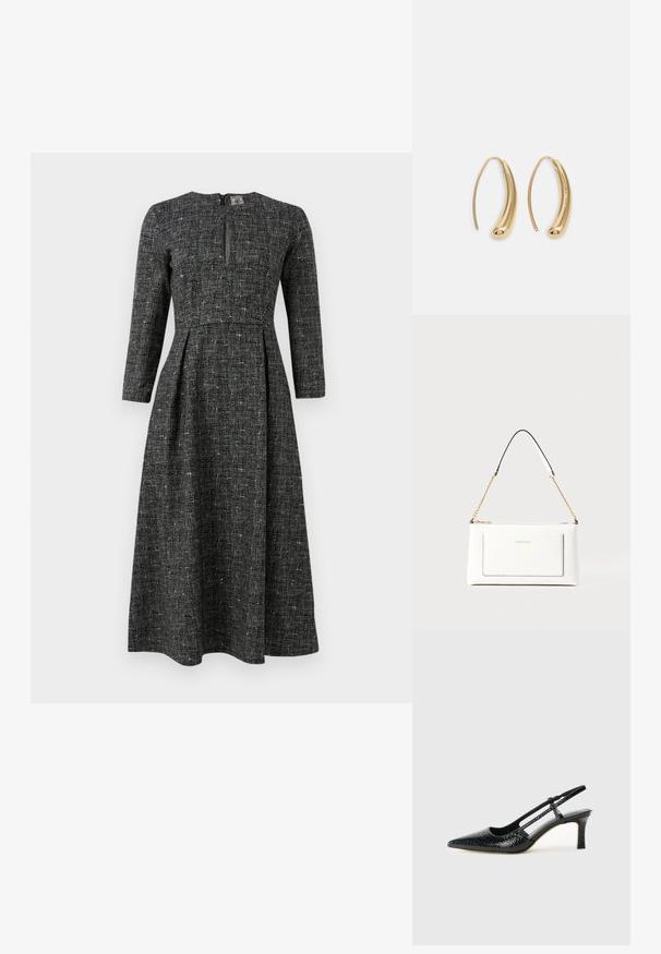 Mustat ja valkoiset kuviolliset mekko pitkillä hihoilla, korkea kaula-aukko ja etuhaarukka. Valmistettu teksturoidusta kankaasta, jossa on tiukkanapitettu yläosa ja levenevä hame.; Musta patent slingback-kiilakorko teräväkärkisellä muotoilulla, jossa on teksturoitu käärmeennahkakuosi, säädettävä remmi ja lyhyt, teksturoitu blokkiheel.; Valkoinen nahkalaukku tekstuuripinnalla, jossa on kultaketjuolkaimet ja mustia yksityiskohtia. Mukana etutasku ja vetoketjusulku.; Korvakorut kultasävytteistä metallista, joissa on kaareva, pitkänomainen muoto. Ominaisuuksiin kuuluu sileä, kiiltävä pinta ja pyöreä kärki lisäyksinä.