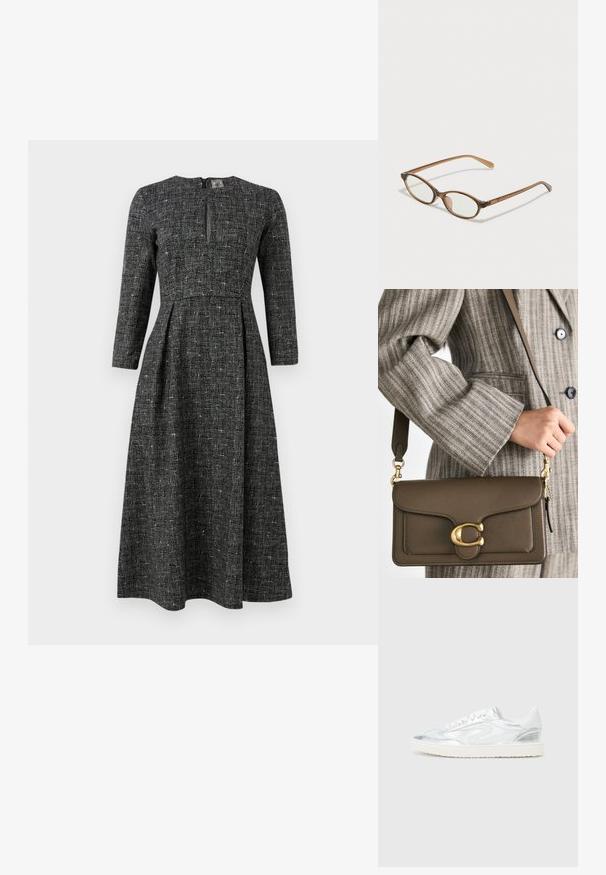 Rochie cu modele alb-negru, cu mâneci lungi, gât înalt și o fante în față. Fabricată dintr-un material texturat, cu un corset ajustat și fustă evazată.; Tenisi albi cu accente metalice argintii, textură netedă, vârf rotund, talpă plată și design tradițional cu șireturi.; Ochelari în nuanță de țestoasă maro, cu lentile ovale, brațe subțiri și accente transparente. Prezintă un logo subtil pe tâmplă. Design elegant și ușor.; COACH TABBY SHOULDER BAG 26 - Geantă de mână - dark stone