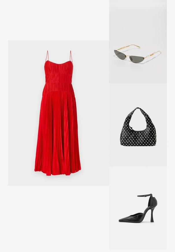 Vestido rojo con pliegues, con un cuerpo ajustado y tirantes finos, que presenta una falda fluida que llega hasta la mitad de la pantorrilla. Textura suave.; Zapato de tacón alto negro con un acabado brillante, punta afilada, tira en el tobillo y un tacón de aguja esculpido. Textura suave y diseño elegante.; Gafas de sol con marco dorado y lentes gris oscuro. Forma de ojo de gato única. Las patillas cuentan con cuentas doradas alternas y acentos de perla.; Bolso de mano de cuero negro con un asa curva, que presenta un patrón de tachuelas metálicas distribuidas uniformemente por toda la superficie. Cierre de cremallera.