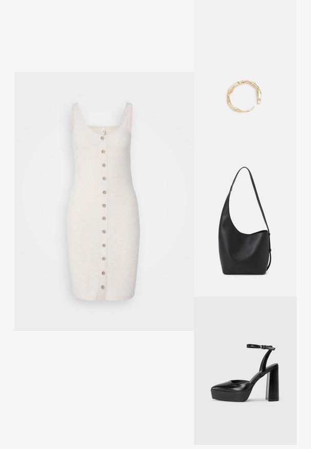 Ružičkované svetlo béžové šaty s okrúhlym výstrihom a úzkymi ramienkami, s radom 7 okrúhlych béžových gombíkov pozdĺž prednej strany.; Čierne platformové podpätky so špicatou špičkou a nastaviteľným členkovým remienkom. Vyrobené z hladkej kože a so robustným blokovým podpätkom.; Čierna kožená hobo taška so hladkou textúrou, zakriveným tvarom a jedným nastaviteľným popruhom; má široké otvorenie na vrchu.; Prsteň v zlatej farbe s organickým, skrúteným dizajnom, hladkým povrchom a zužujúcimi sa koncami, vytvárajúci moderný, sochársky vzhľad.