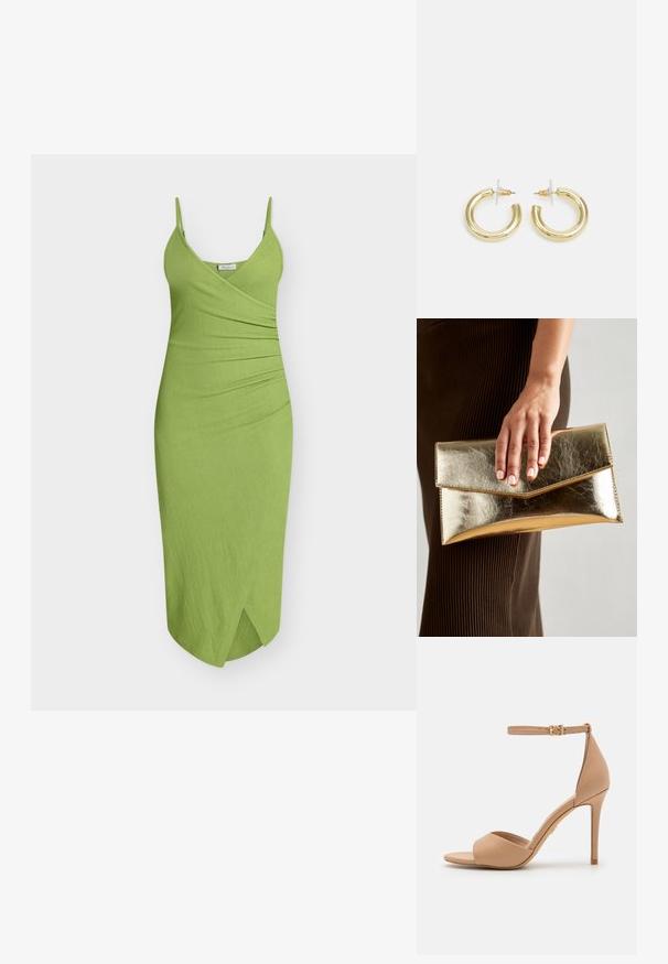 Green sleeveless dress in ribbed fabric featuring a wrap design, subtle ruching on the side, and a front slit for added detail.; ALDO CRERIDE PILLOW WALK - Sandals - beige; Gold metallic clutch bag with a smooth texture, featuring a triangular flap closure. The hand holding it has neatly manicured nails.; Gold hoop earrings with a smooth, shiny finish. Circular design featuring a small post and clear backing for secure wear.