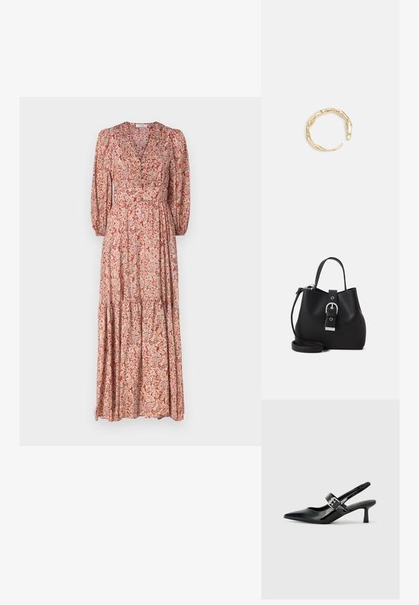 Maxikjole med dyb V-udskæring, lange puffærmer og et lagdelt skirt. Fremstillet af letvægtsstof med et blomstermønster i varme nuancer.; Sorte laker slingback hæle med spids tå og en lille blokhæl, med en sølvspændeaccent på remmen.; Sorthanker taske lavet af glat læder, med en struktureret form, kort håndtag og aftagelig skulderrem. Sølvspænde detaljer.; Guld-tone ring med et organisk, snoet design, glat overflade og affasede ender, hvilket skaber et moderne, skulpturelt udseende.