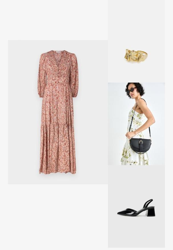 Maxikjole med dyb V-udskæring, lange puffærmer og et lagdelt skirt. Fremstillet af letvægtsstof med et blomstermønster i varme nuancer.; Sorte patentlæder slingback hæle med spids tå og en geometrisk blok hæl. Har et elegant, minimalistisk design og en glat tekstur.; Sort læderhåndtaske med en buet form, aftagelig rem og guldfinish. Tasken har en klap med en spænde detalje.; Guldring med tekstureret, bølget design, der har tre fremtrædende toppe. Glat, skinnende overflade med en åben ring, der gør den justerbar.