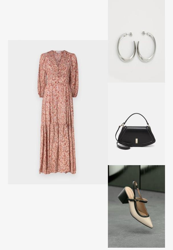 Maksimalus suknelė su giliu V formos dekolte, ilgomis pūstomis rankovėmis ir sluoksniuota sijona. Pagaminta iš lengvos medžiagos su gėlių raštu šiltose spalvose.; Šviesiai rudos suknelės bateliai su juodu apvadu, auksine sagtimi ir masyviu blokiniu kulnu, stovintys ant pilkos grindų su tamsiai žalia fonu.; Juoda odinė rankinė su struktūrizuotu dizainu, turi trumpą formą, viršutinę rankeną ir auksinius akcentus. Pridėtas reguliuojamas peties diržas.; Sidabriniai apvalūs auskarai su lygiu, išlenktu dizainu. Yra blizgus metalinis paviršius ir smeigtukų uždarymas. Nėra matomų raštų ar akcentų.