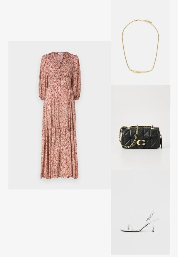 Maxikleid mit tiefem V-Ausschnitt, langen Puffärmeln und einem gestuften Rock. Hergestellt aus leichtem Stoff mit einem floralen Muster in warmen Tönen.; Silberne Lackleder Slingback-Pump mit schmalem Zehenriemen, verstellbarem Schnallenverschluss und schlanker Absatzhöhe.; Schwarze, gesteppten Lederhandtasche mit einer goldfarbenen Kettenriemen und einem Drehverschluss, der mit einem runden Akzent verziert ist. Kompakte rechteckige Form.; Goldbeschichtete Halskette mit einem glatten, geschwungenen zentralen Akzent. Verfügt über eine flexible Kette mit einem Karabinerhaken und zusätzlichen verstellbaren Kettengliedern.