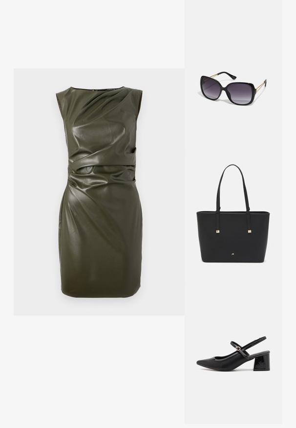 Olive green sleeveless dress made of leather-like material, featuring a fitted design with draped detailing on the bodice and waist.; Black patent leather slingback heels with a pointed toe, a rounded cutout design, and a block heel. Features a gold-tone buckle accent.; Black oversized sunglasses with gradient lenses, thick frames, and gold-tone chain detailing on the temple arms.; Black tote bag made of synthetic material, featuring simple rectangular design, gold square accents, and double handles.