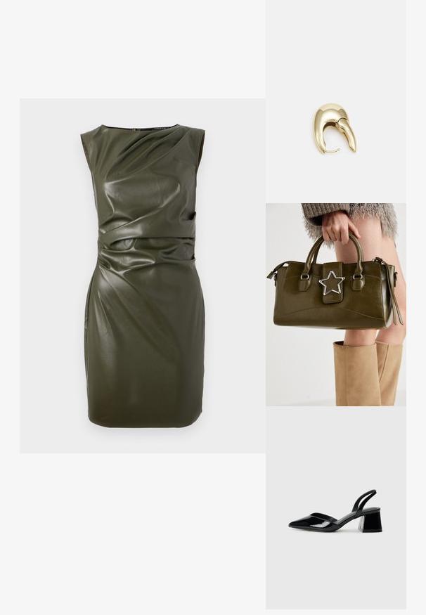 Abito senza maniche di colore verde oliva realizzato in un materiale simile alla pelle, caratterizzato da un design aderente con dettagli drappeggiati sul corpetto e sulla vita.; Décolleté in vernice nera con punta affusolata e tacco in geometria cubica. Presentano un design elegante e minimalista, con una texture liscia.; Borsa a mano in similpelle verde oliva con accentatura a stella argentata, manici doppi e chiusura con zip. Superficie testurizzata e forma strutturata.; Orecchino in metallo color oro con un design elegante e curvo. Presenta una forma appuntita distintiva, superficie lucida e chiusura a cerniera.