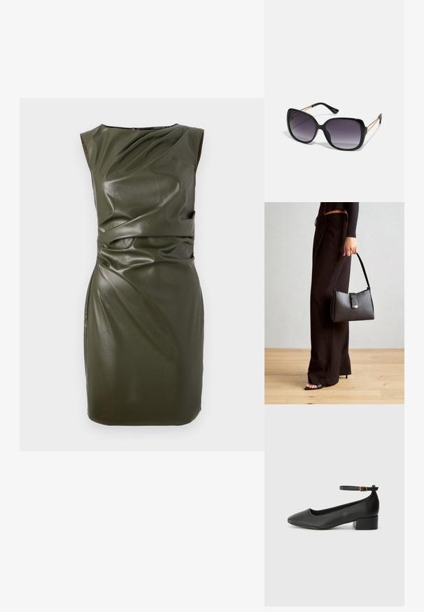Oliven grønn ermeløs kjole laget av et læraktig materiale, med et tettsittende design og drapert detaljer på bysten og midjen.; Sorte skinnpumper med spiss tå og lav blokkhelt. Har ankelrem med gullfarget spenne. Glatt tekstur.; Sorte oversized solbriller med gradient linser, tykke rammer og detaljering med gulltonekjede på tempelarmene.; Svart håndveske med strukturert form, jevn tekstur og metallisk lås. Kombinert med brede svarte bukser og sandaler med åpen tå på tregulv.
