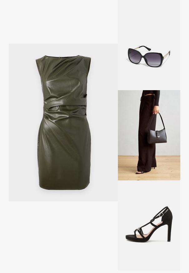 Olivgrön ärmlös klänning i ett läderaktigt material, med en figurnära design och draperad detaljering på bysten och midjan.; Svart mocka högklackad sandal med korsade remmar, en dekorativ silverfärgad accent och en plattformssula för extra höjd.; Svarta överdimensionerade solglasögon med gradientlinser, tjocka bågar och kedjedetaljer i guldton vid tempelarmarna.; Svart handväska med strukturerad form, slät yta och metallspänne. Matchad med vida svarta byxor och sandaler med öppen tå på trägolv.