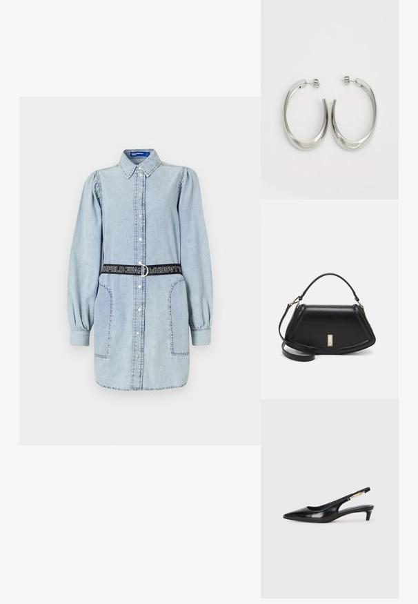 Robe chemise en denim bleu clair avec un col, des manches bouffantes longues, une patte de boutonnage et une ceinture noire avec une boucle en argent.; Talons hauts en cuir noir avec un bout pointu, dotés d'un talon fin et d'un accent en ton or sur la lanière réglable. Texture lisse.; Sac à main en cuir noir avec un design structuré, featuring une forme cropped, une poignée supérieure et des accents en matériel doré. Bandoulière réglable incluse.; Boucles d'oreilles en argent avec un design lisse et courbé. Présentent une finition métallique brillante et une fermeture à clou. Pas de motifs ou d'accents visibles.