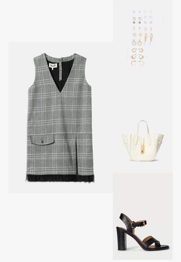 Gaišs pelēks raibs bez piedurknēm kleita ar V veida izgriezumu, sānu kabatu un mežģīņu apdari apakšmalā. Iekšpuse ir melna, un aizmugurē ir pogu aizdare.; Melnas ādas papēžu sandales ar pārklājošu siksnu dizainu un sprādzi. Iezīmējas ar masīvu papēdi un gludu tekstūru.; Balta ādas somiņa ar strukturētu formu, izteiksmīga šuvju apdare, zelta aksesuārs un divi rokturi. Tekstūrēta virsma ar sānu kabatām.; Zeltainā tonī auskari, kas iekļauj dažādus dizainus, tostarp pīrsingu, gredzenus un karājošus elementus ar pērlēm un rhinestones.