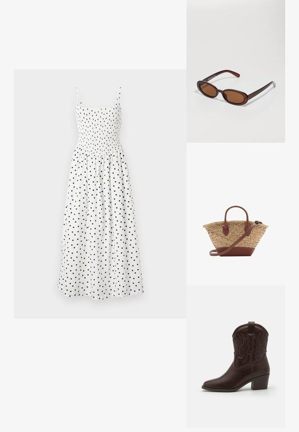 Abito midi bianco con pois neri, dotato di un corpo arricciato, sottili spalline e una gonna fluida. Tessuto morbido con una leggera texture.; Stivali da cowboy in pelle marrone con punta affusolata, motivi a ali in rilievo, tacco a blocco di media altezza e linguetta sul retro.; Occhiali da sole rotondi con tonalità marrone, montatura lucida color bordeaux. Aste sottili con un sottile dettaglio del marchio. Design delle lenti piatte.; Borsa a tracolla in paglia intrecciata con dettagli in pelle marrone, due manici e una tracolla removibile. Forma curva con una base solida.