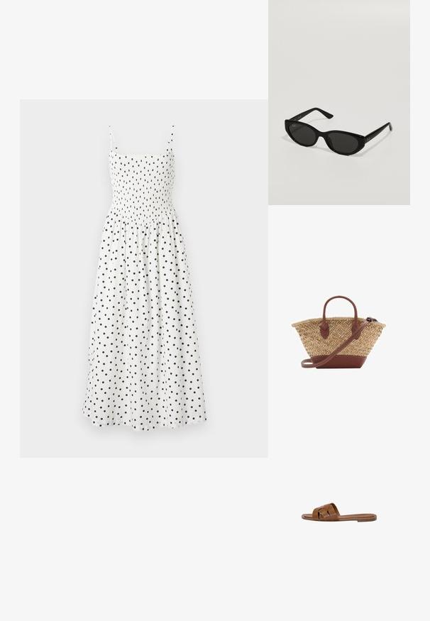 Hvid midi kjole med sorte prikker, med en smocket bodice, tynde skulderstropper og en let flared nederdel. Blødt stof med en let tekstur.; Brun læder slide sandal med krydsede stropper, flad sål og en glat overflade. Enkel design uden udsmykninger eller mønstre.; Sorte solbriller med en smal, katteøjeform. Fremstillet af glat plast, med mørke linser og diskrete logo accenter på stængerne.; Vævet stråkurv med brune læderdetaljer, to håndtag og en aftagelig rem. Buet form med en robust bund.
