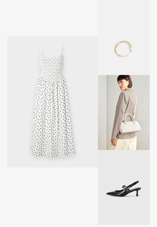 Hvid midi kjole med sorte prikker, med en smocket bodice, tynde skulderstropper og en let flared nederdel. Blødt stof med en let tekstur.; Sorte laker slingback hæle med spids tå og en lille blokhæl, med en sølvspændeaccent på remmen.; Hvid struktureret taske med korte håndtag og en skulderrem, prydet med guldfarvede hardwaredetaljer og tekstureret materiale, præsenteret mod en grå baggrund.; Guld-tone ring med et organisk, snoet design, glat overflade og affasede ender, hvilket skaber et moderne, skulpturelt udseende.