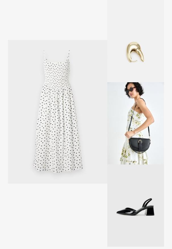 Robe midi blanche à pois noirs, présentant un corsage smocké, des fines bretelles et une jupe fluide. Tissu doux avec une texture légère.; Escarpins en cuir verni noir avec bout pointu et talon bloc géométrique. Présente un design élégant et minimaliste ainsi qu'une texture lisse.; Sac à main en cuir noir avec une forme courbée, bandoulière amovible et des accessoires en or. Le sac est doté d'un rabat avec un détail de boucle.; Boucle d'oreille en métal doré avec un design élégant et courbé. Présente une forme conique distinctive, une surface polie et une fermeture à charnière.
