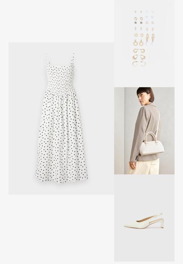 White midi dress with black polka dots, featuring a smocked bodice, thin shoulder straps, and a flowy skirt. Soft fabric with a light texture.; White patent leather slingback shoe with a pointed toe and a low block heel. Features a subtle strap with a gold-tone buckle detail.; White structured handbag with short handles and a shoulder strap, featuring gold hardware accents and textured material, displayed against a grey background.; Set of gold-tone earrings featuring various designs, including studs, hoops, and dangling pieces with pearls and rhinestones.