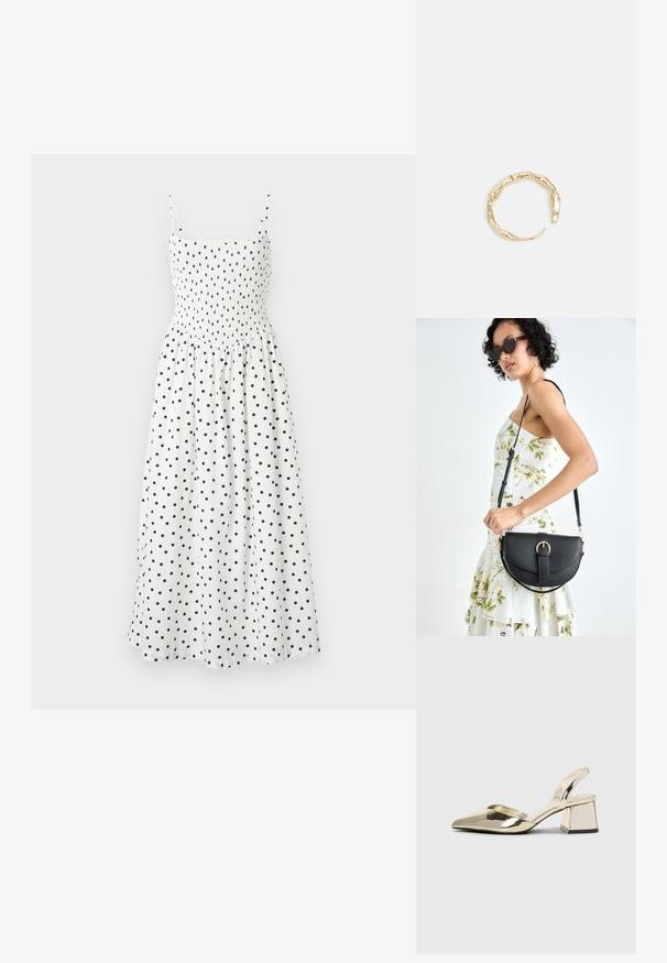 Balta midi suknelė su juodais taškeliais, turinti raukinį krūtinėje, plonus petnešas ir laisvą sijoną. Minkšta medžiaga su lengvu tekstūros pojūčiu.; Auksiniai, metaliniai slingback aukštakulniai bateliai su smailiu pirštu ir masyviu kulnu. Lygus paviršius, minimalizmo dizainas ir siaura juostelė.; Juodas odinis krepšys su išlenkta forma, nuimamu dirželiu ir auksiniais detalėmis. Krepšys turi kilpą su sagtimi.; Auksinės spalvos žiedas, turintis organišką, sukimosi dizainą su lygiu paviršiumi ir siaurėjančiais galais, sukuriantis modernią skulptūrinę išvaizdą.
