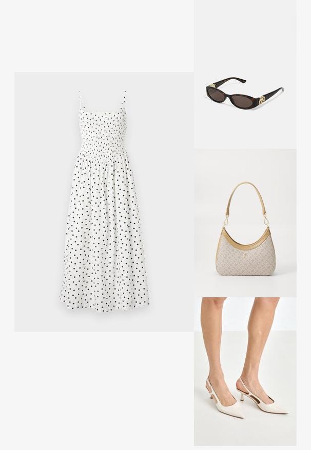 Hvid midi kjole med sorte prikker, med en smocket bodice, tynde skulderstropper og en let flared nederdel. Blødt stof med en let tekstur.; Beige patenterede læder slingback hæle med spids tå og 5 cm hæl, med udskårne sider og en tynd ankelrem.; Skildpaddemønster solbriller med aflange ovale linser, brun farve, guldlogo accenter på stængerne og slanke sorte arme.; Beige mønsteret taske med en buet form, læderdetaljer og et guldtonet logo på fronten. Har et kort håndtag for nem bæring.; Perle- og krystalhalskæde med et rundt, perlekantet design i lyse nuancer, der præsenterer skiftevis perler og glitrende detaljer, båret om halsen.