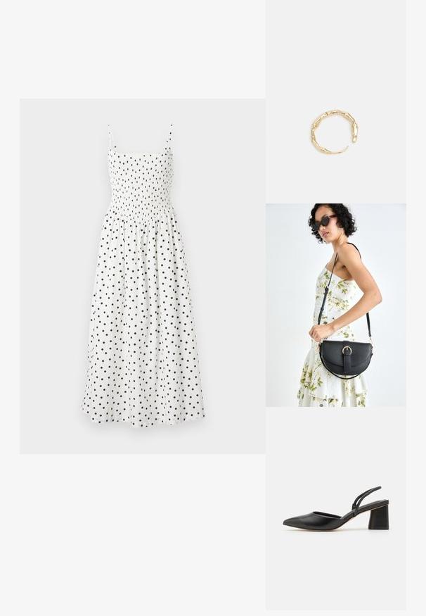 Hvid midi kjole med sorte prikker, med en smocket bodice, tynde skulderstropper og en let flared nederdel. Blødt stof med en let tekstur.; Sorte spidse slingback sko lavet af glat læder, med en lav blokhæl og tynde stropper bagpå for en sikker pasform.; Sort læderhåndtaske med en buet form, aftagelig rem og guldfinish. Tasken har en klap med en spænde detalje.; Guld-tone ring med et organisk, snoet design, glat overflade og affasede ender, hvilket skaber et moderne, skulpturelt udseende.