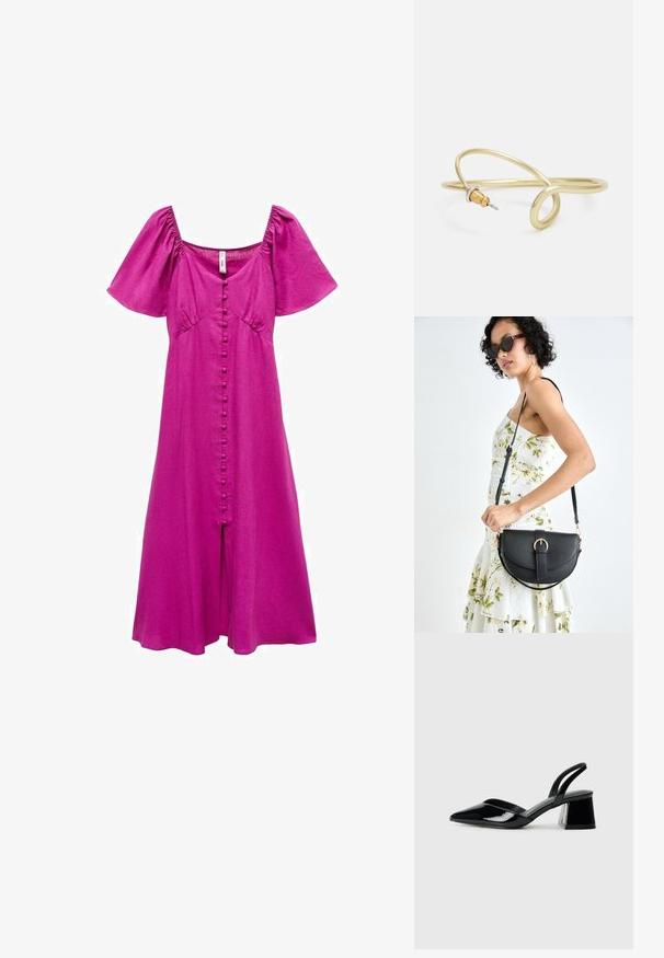 Mango Dnevna obleka - purple; Črne lakirane slingback pete s koničastim nosom in geometrijsko blokasto peto. Imajo eleganten, minimalističen dizajn in gladko teksturo.; Črna usnjena torbica s ukrivljeno obliko, z odstranljivo naramnico in zlatimi dodatki. Torbica ima pokrov s podrobnostmi v obliki zaponke.; Zlato obarvan kovinski zapestnica s tekočim, ukrivljenim dizajnom. Ima majhen, izstopajoč srebrn poudarek na enem koncu.