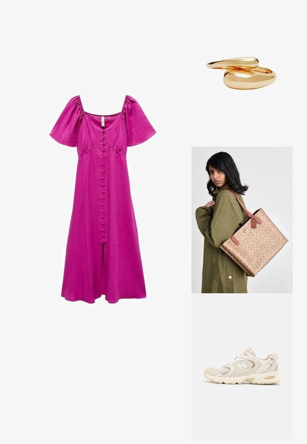 Mango Hverdagskjole - purple; Beige atletik sko med mesh og syntetiske overlejringer, med en tekstureret overflade, polstret krave og "ABZORB" dæmpning ved hælen.; Brun mønstret tote bag med læderdetaljer og håndtag. Tasken har en lynlåslukning og bæres over en grøn jakke.; Guldtonede ringe med glatte, afrundede former, der væver sig ind i hinanden. Højpoleret finish med en reflekterende overflade, der fremhæver et sammenhængende design.